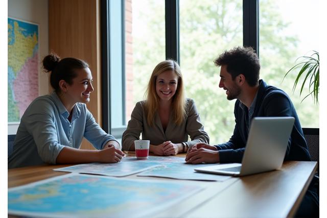 Founders discussing travel plans in a cozy Ontario office