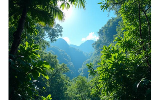 Lush green rainforest canopy with a vibrant blue sky over Costa Rica.