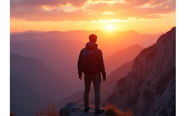 A solo traveler standing on a cliff edge, looking out at a vast landscape during a sunrise.