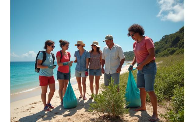 A traveler participating in a beach clean-up, demonstrating sustainable tourism.