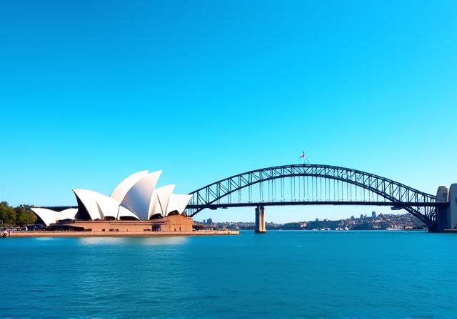 Sydney Opera House and Harbour Bridge with clear blue sky